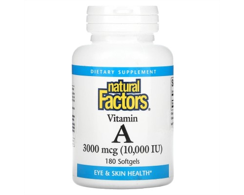 NATURAL FACTORS, витамин A, 3000 мкг (10 000 МЕ), 180 капсул