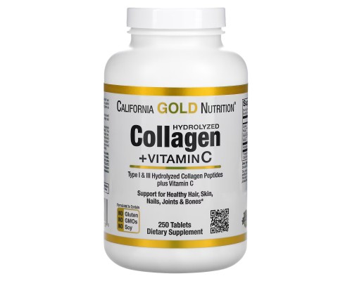California Gold Nutrition, Пептиды гидролизованного коллагена с витамином C (1 и 3 тип), 250 таблеток