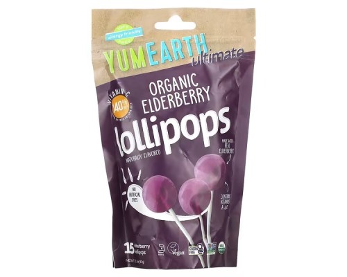 YumEarth, Ultimate, Organic Elderberry Lollipops, 15 Lollipops, 93 гр
