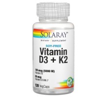Solaray, Витамины D3 и K2, 5000ui + 50 мкг, 120 капсул